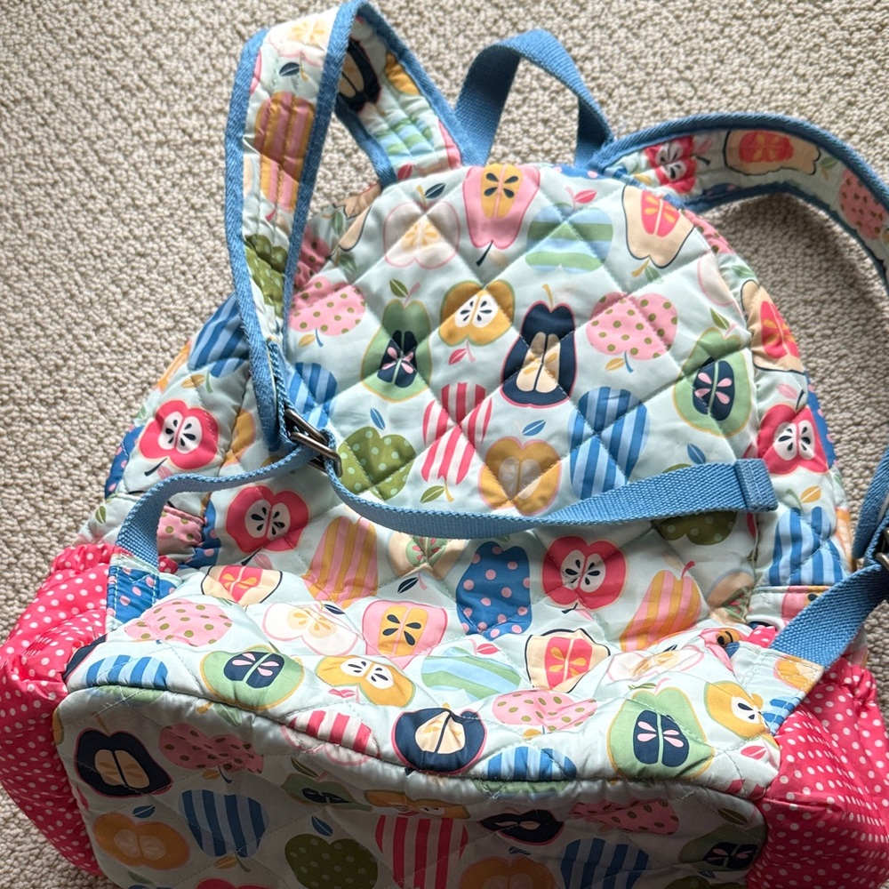 Matilda Jane Quilted Kids Backpack in Blue Gingham with Pink & Multi Fruit Print - Picture 3 of 5